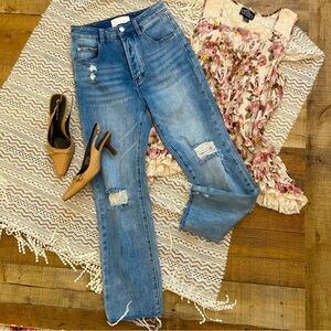 RACHEL PARCELL High Rise Straight Leg Distressed JEANS